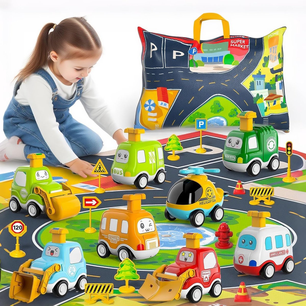Dailygoods- Speelgoedautoset 10-delig - Terugtrekauto's - Speelset - Opbergtas - Speelmat - Voor kinderen vanaf 1 jaar - Verkeersset