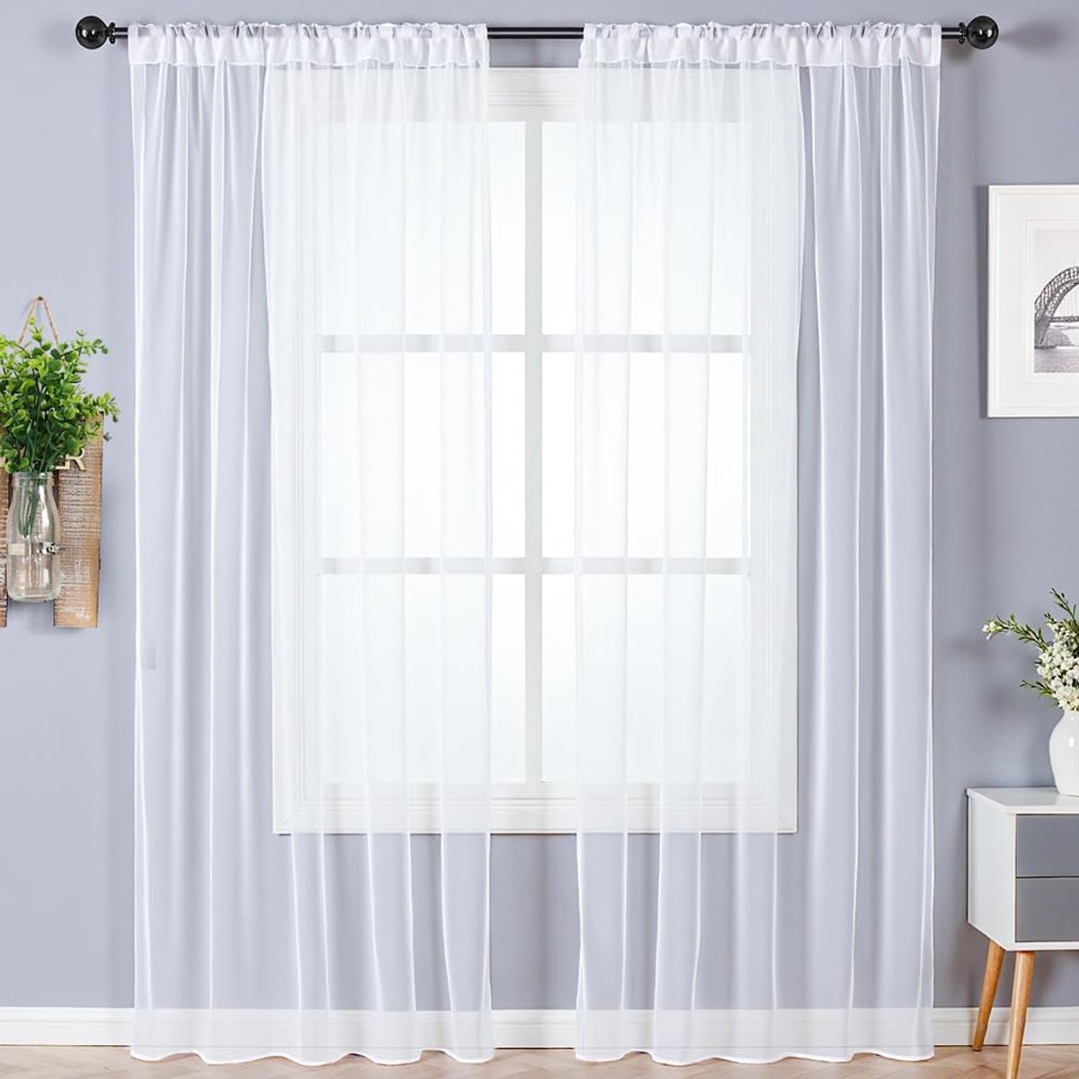 gordijnen, set van 2, doorzichtige raamgordijnen, lichtdoorlatend, voile polyester, transparant, luchtig, decoratief voor woonkamer en slaapkamer, 142 X 180 cm (b x h), stang-doorgang, wit