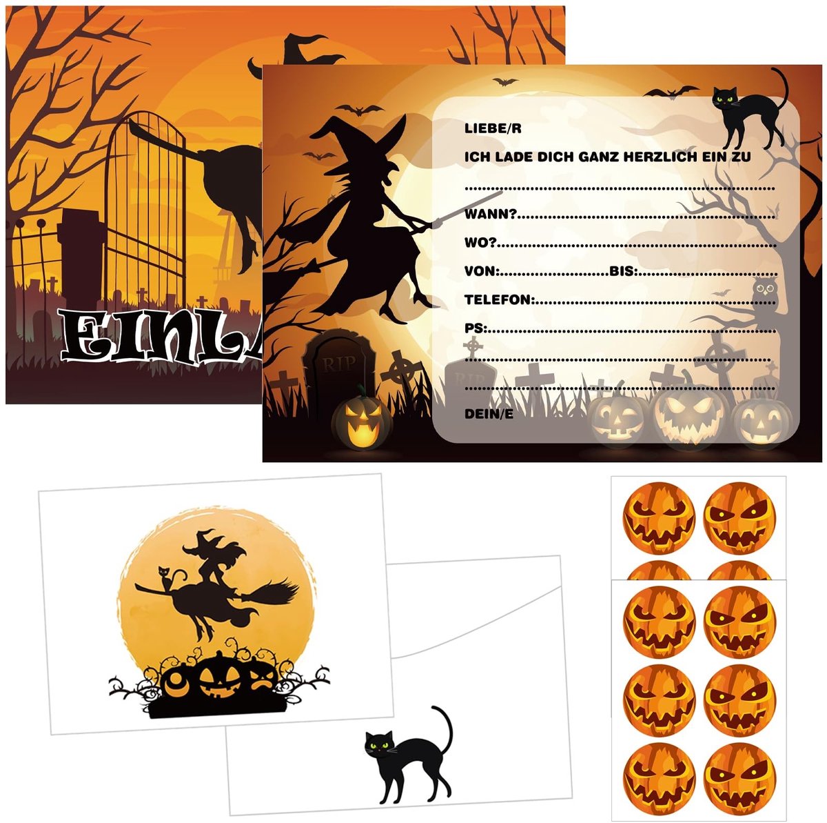 Dailygoods - Uitnodigingskaarten voor Halloween, 12 stuks, Halloween-feestaccessoires, Halloween-wenskaarten met enveloppen en Halloween-stickers, uitnodiging voor griezelfeest, kinderverjaardag (A)