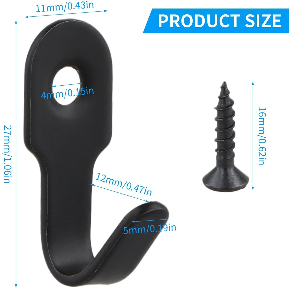 Dailygoods - NiceLand 10 stuks mini-wandhaken, kledinghaken, metaal, zwart, met 10 schroeven, voor slaapkamer, woonkamer, keuken