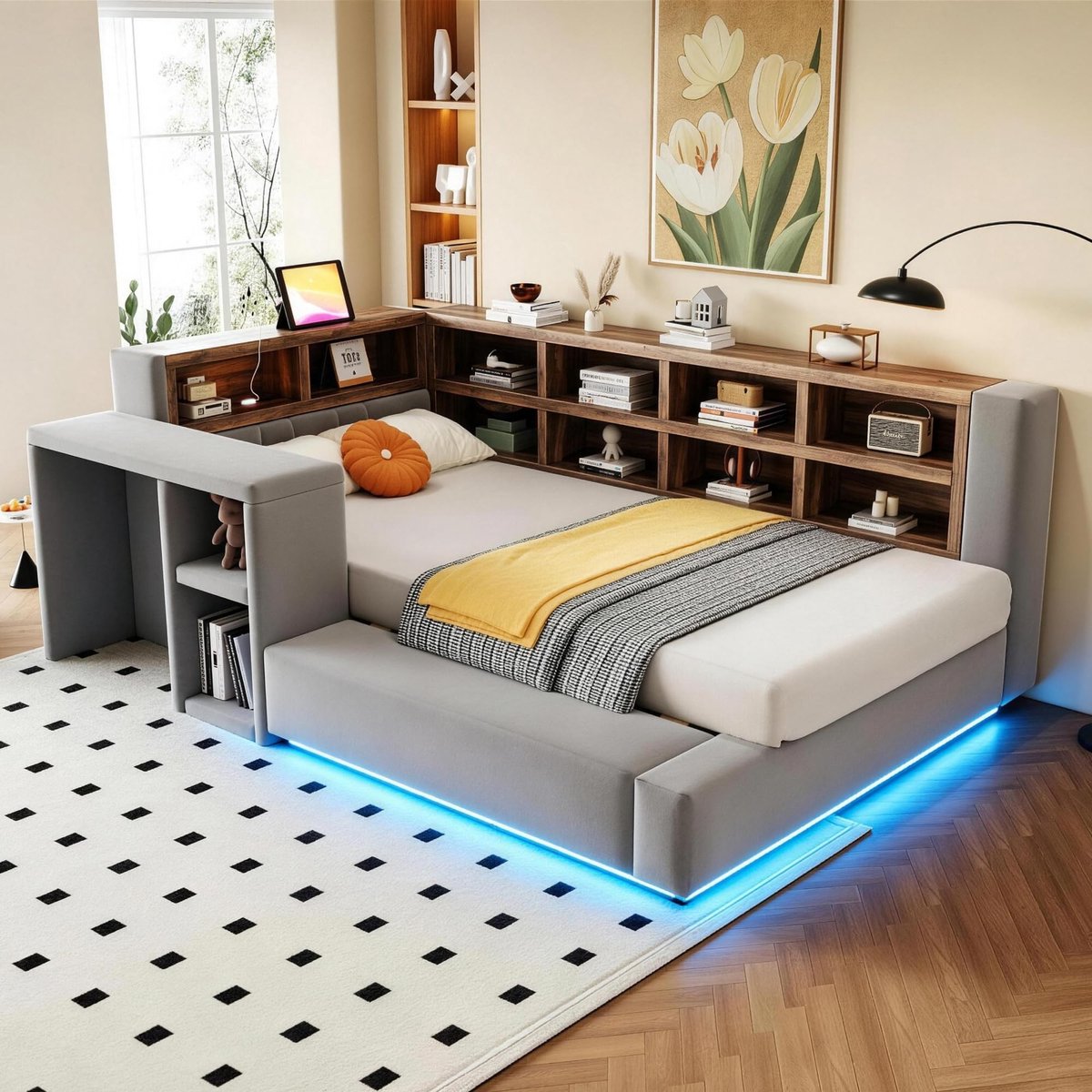 Solidchoice - Gestoffeerd bed 90 x 200 cm - Met ledverlichting en geïntegreerde stopcontacten
