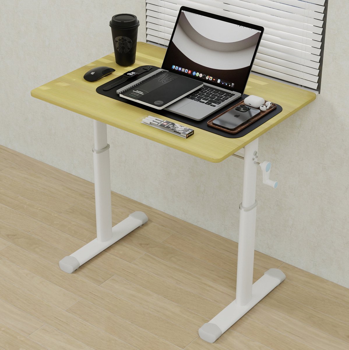 Wishdor Bureau - In hoogte verstelbaar - Handmatig verstelbaar - Staand en zittend werken - Home office studiebureau - Metaal en hout - Houtkleur - 80 x 60 x 90 cm