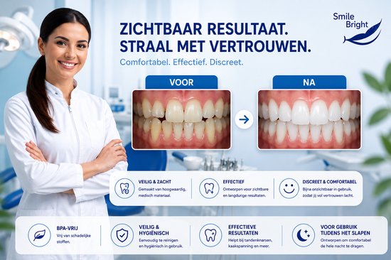 Vrouwelijke tandarts toont voor- en nafoto's van tanden die witter zijn geworden met Smile Bright.