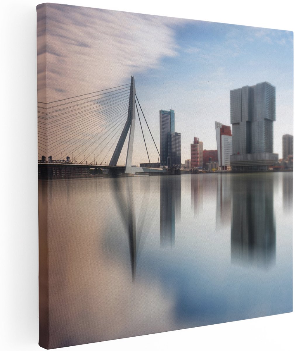 Artaza Canvas Schilderij Rotterdamse Skyline Met De Erasmusbrug - 100x100 cm - Groot - Wanddecoratie Woonkamer - Schilderijen - Muurdecoratie