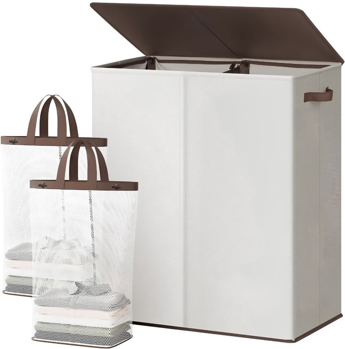 TYR® Wasmand - 145L - Wasmand met Deksel - Wasmand 2 Vakken - Gebroken Wit - 58cm x 38cm x 67cm