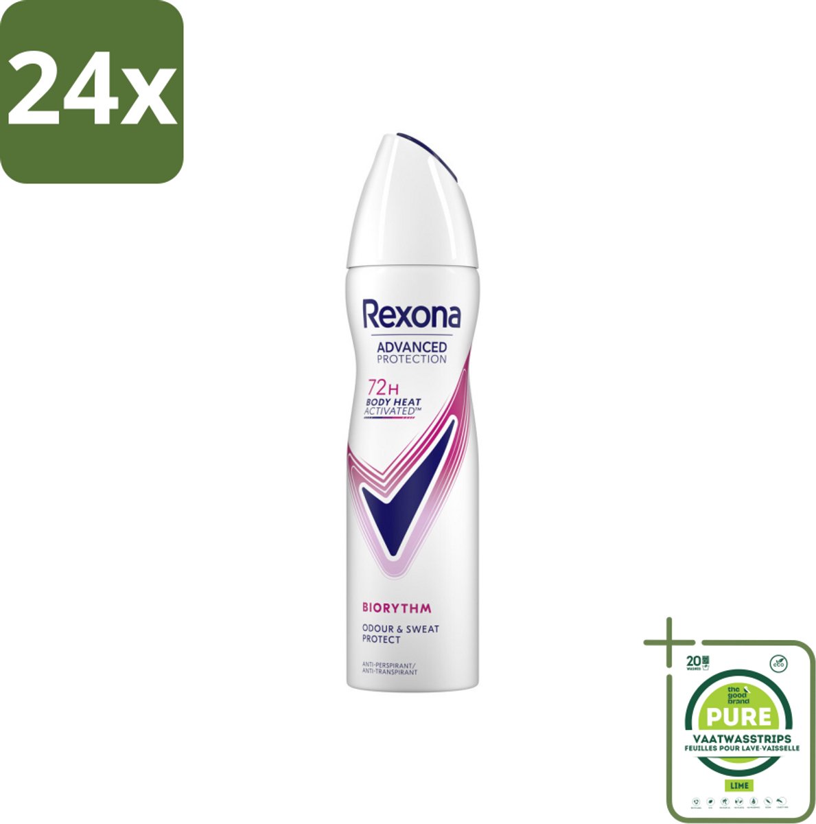 Rexona - Deodorant Spray - Advanced Protection - Biorythm - Anti-Transpirant & Perspirant - 150ml - Voordeelverpakking - 24 stuks - 72 uur bescherming - Anti-transpirant