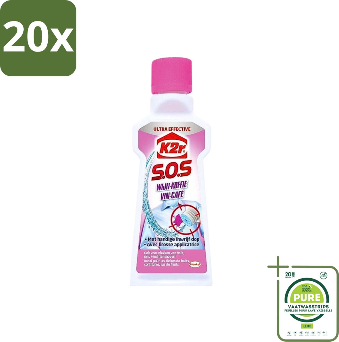 20 x K2R - SOS Vlekverwijderaar - Wijn & Koffie - 50ml - Grootverpakking - Vlekkenverwijderaar - Wijnvlekken - Koffievlekken - Textielreiniger - Vlekken Uit Textiel