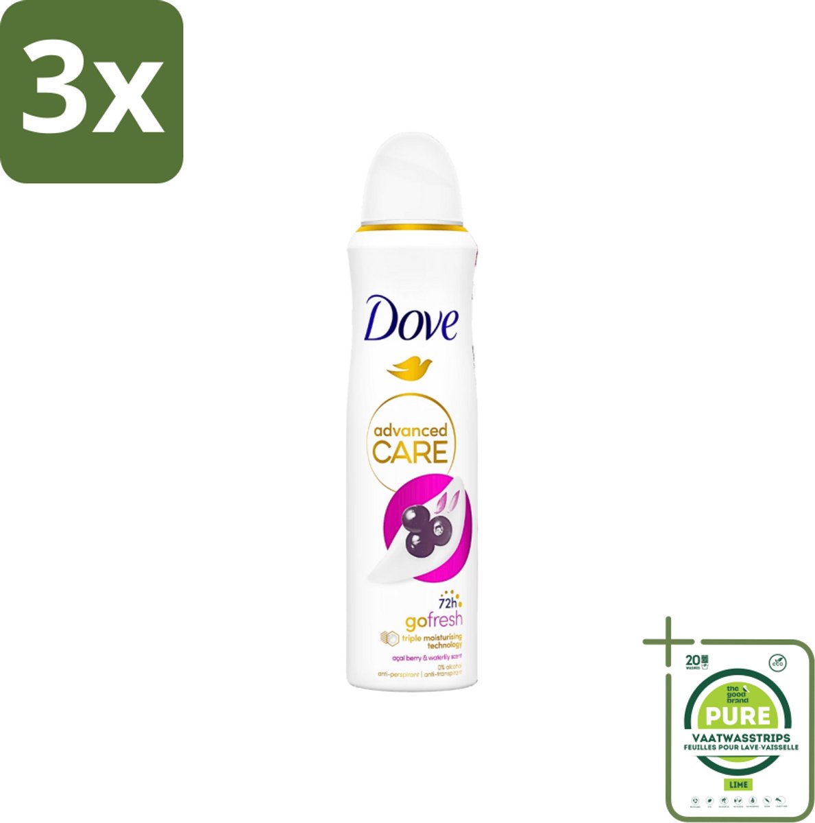 3 x Dove - Deospray - Acai Bes & Waterlelie - 150 ml - Grootverpakking - Dove Go Fresh - Acai Bes - Waterlelie - Deodorant - Antitranspirant