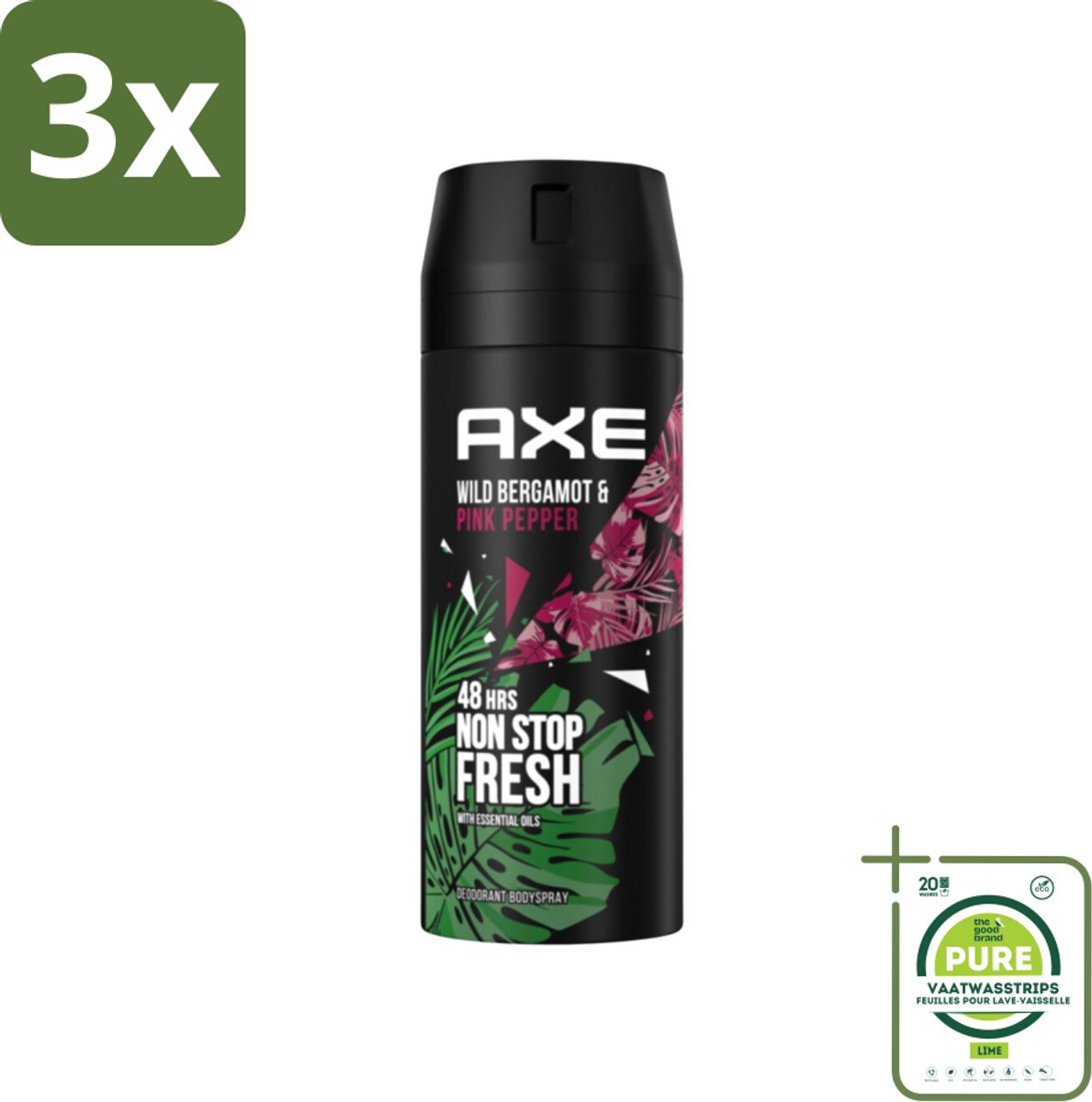 3 x Axe - Deodorant Bodyspray - 48hrs Fresh - Wild Bergamot & Pink Pepper - 150 ml - Grootverpakking - 48 Uur Deodorant - Deodorant Spray - Axe Deodorant - Bergamot Deodorant - Roze Peper Deodorant