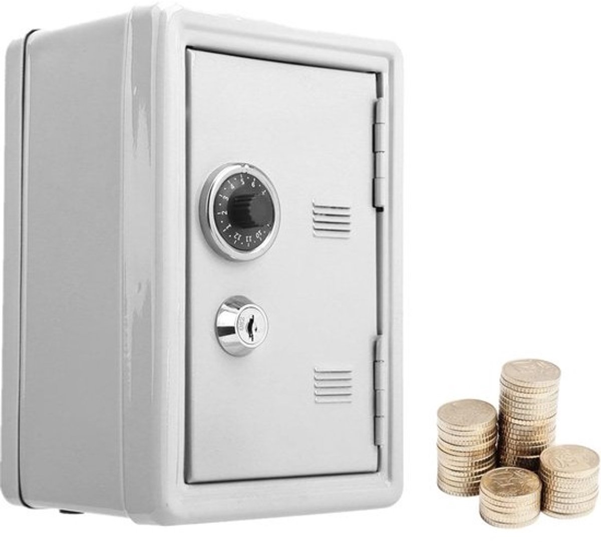 Mini Spaarpot met Simulatiecodewiel voor Kinderen - Opbergdoos voor Wisselgeld - Metalen Kistje met Sleutels (Wit)