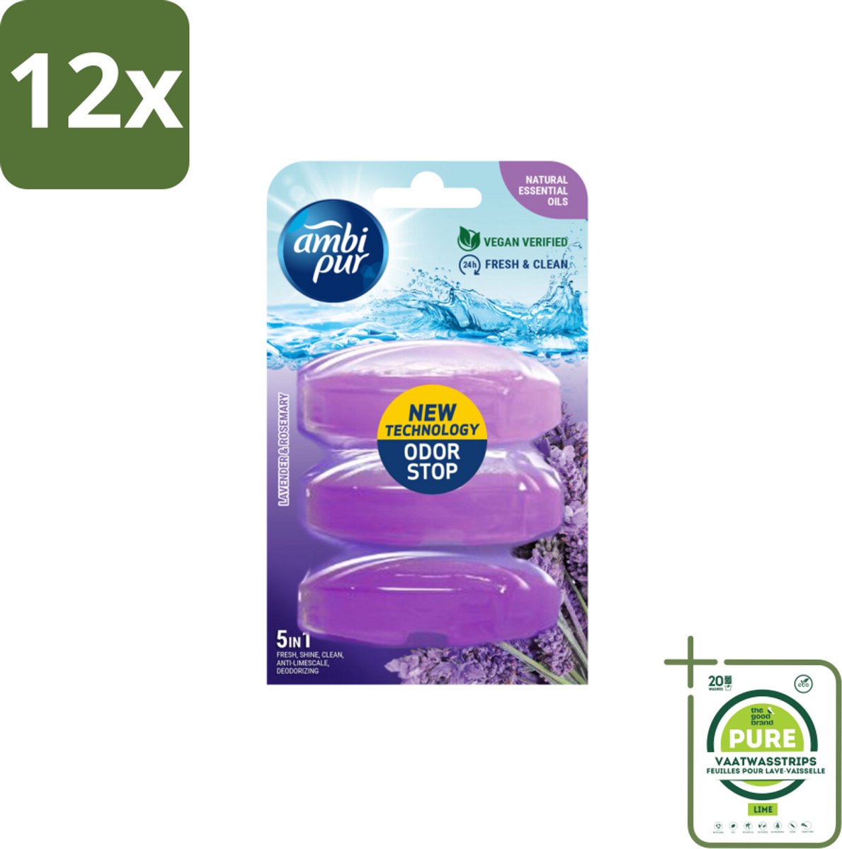 Ambi Pur Toiletblok Navulling Lavendel & Rozemarijn 3 stuks per verpakking - Voordeelverpakking - 12 stuks - Toiletblok - Toiletvulling