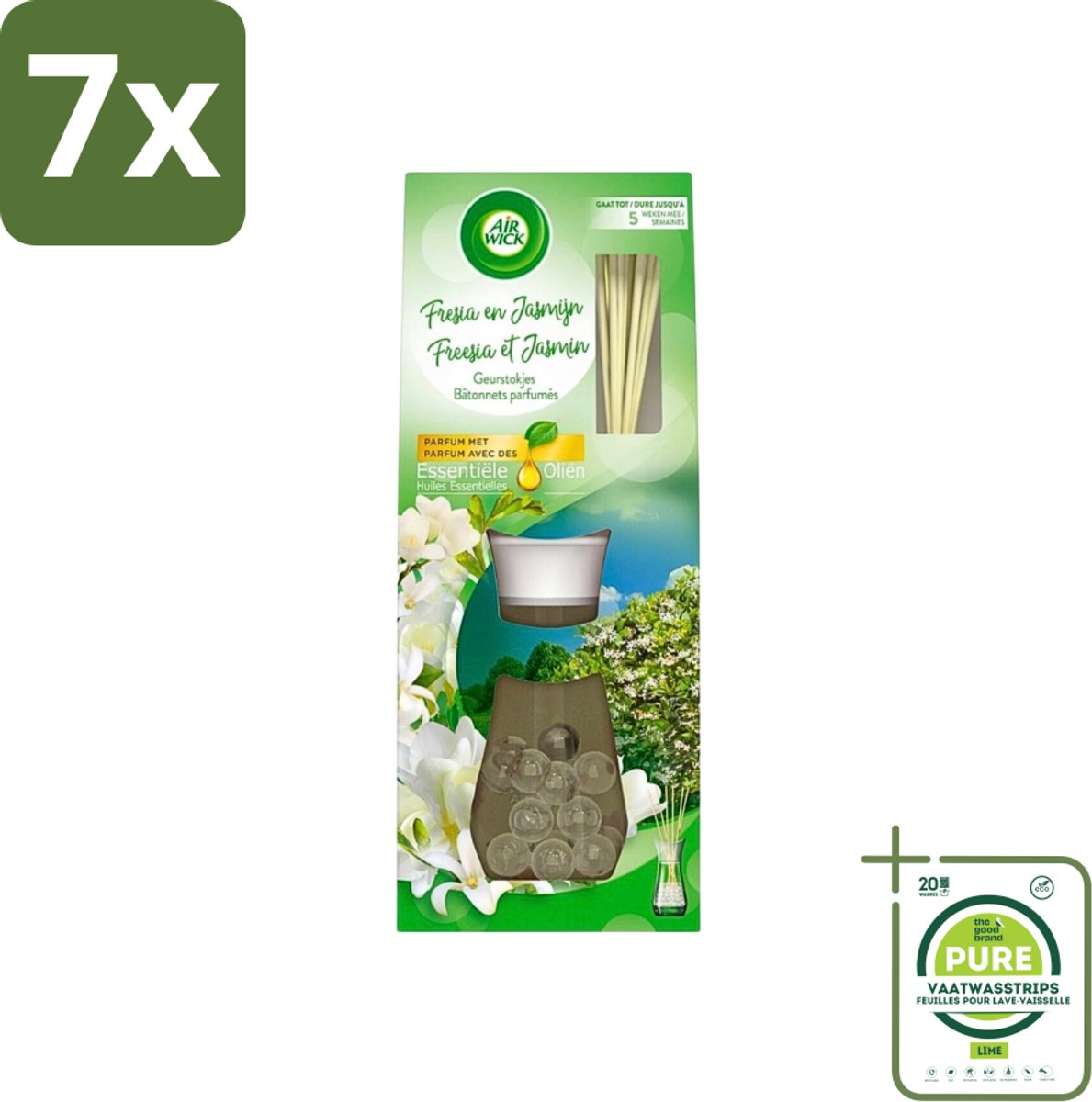7 x Air Wick Essential Oils - Geurstokjes - Freesia & Jasmijn - 30ml - Grootverpakking - Geurstokjes - Air Wick - Essentiële Oliën - Freesia - Jasmijn