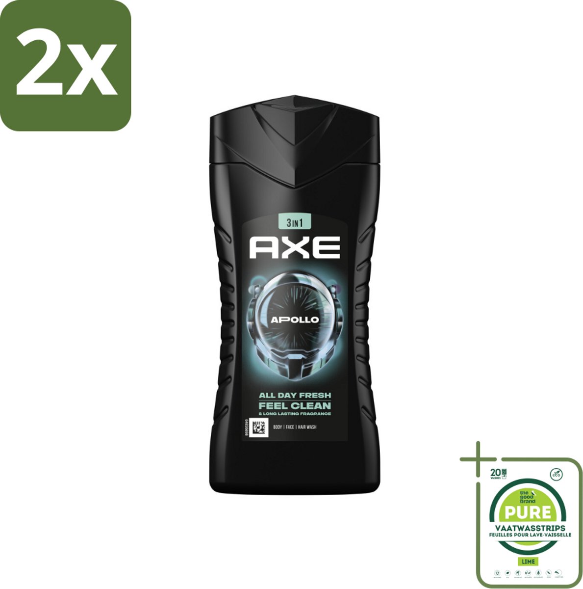 Axe - 3-in-1 Douchegel - Apollo - Sage & Cedarwoord - 12hrs Long Lasting Scent - 250 ml - Voordeelverpakking - 2 stuks - Douchegel - Axe Apollo