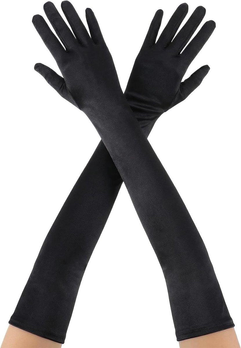 Elegante Zwarte Satijnen Lange Handschoenen voor Avond, Halloween en Carnaval - 1920s Opera Stijl, Perfect voor Feestjes en Dansen