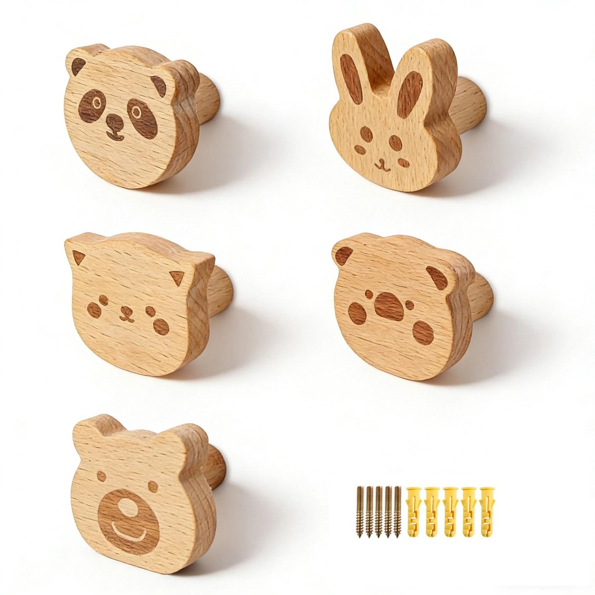 Elzusha - Set van 5 Houten Wandhaken in Dierenvormen