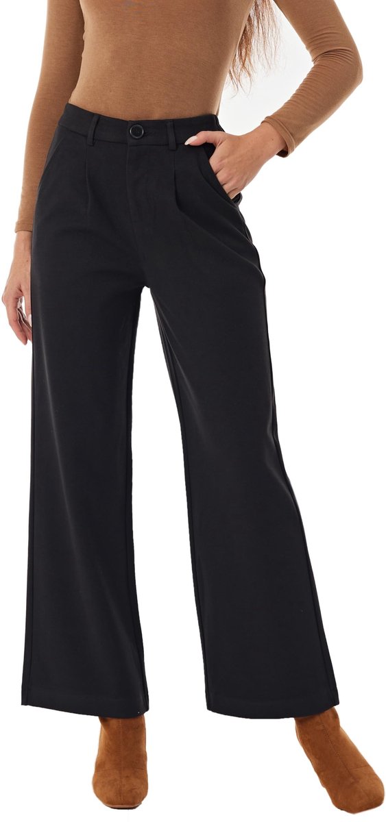 Elzusha - Vrouwen Wollen Blend Broek met Hoge Taille en Brede Pijpen voor de Winter