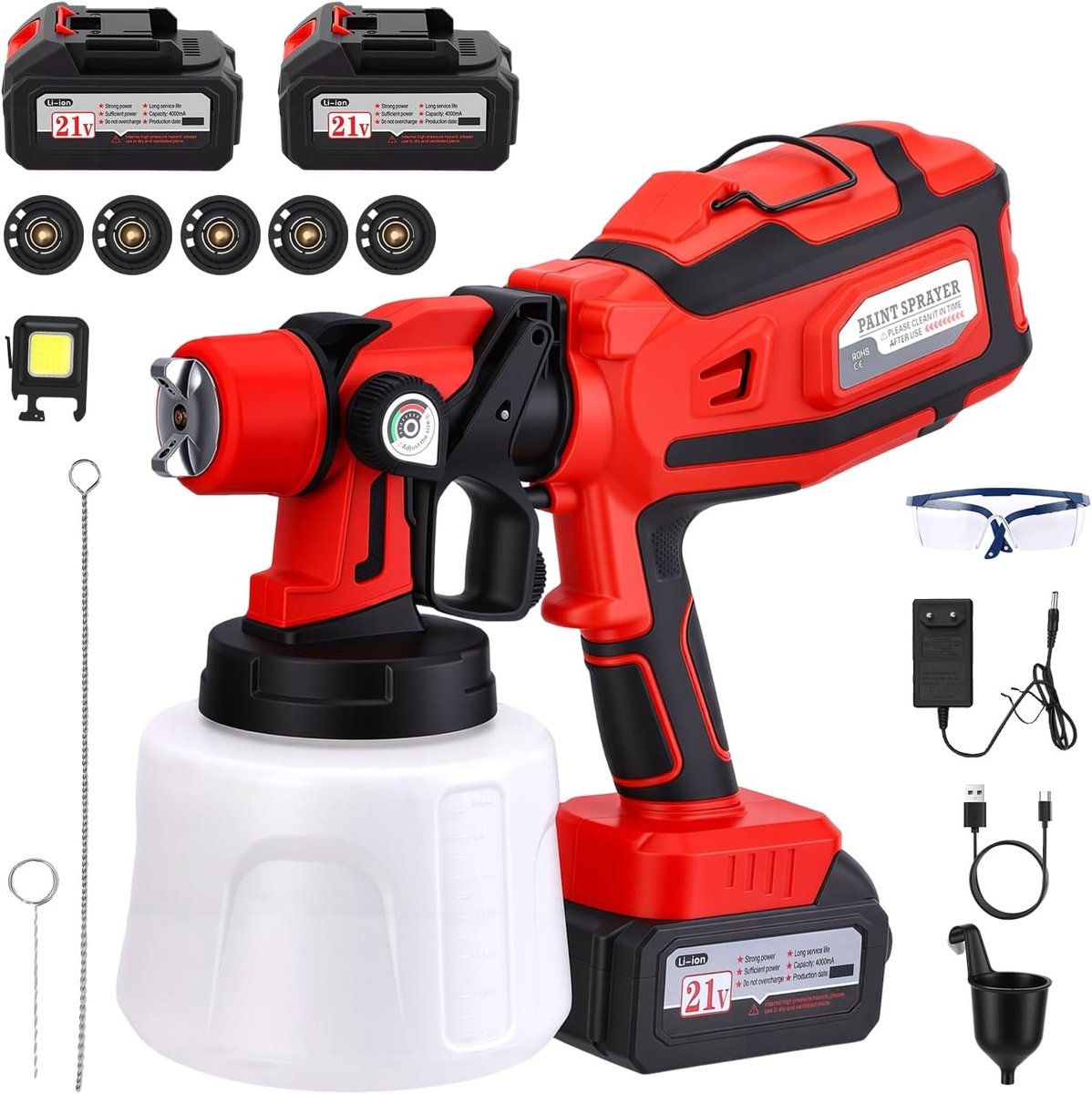 Draadloze verfspuit met 21 V en 300.000 rpm, inclusief 2 x 4000 mAh batterijen, 5 spuitmonden en 3 spuitstanden voor muren, schuttingen en terrassen met 1400 ml reservoir