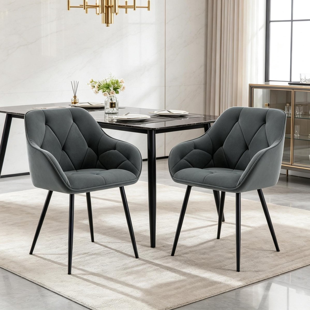 MIVRAY Eetkamerstoel Set Van 2 - Ergonomische Armleuning En Rugleuning - Voor Eetkamer Woonkamer En Studeerkamer - Velvet Metaal Donkergrijs
