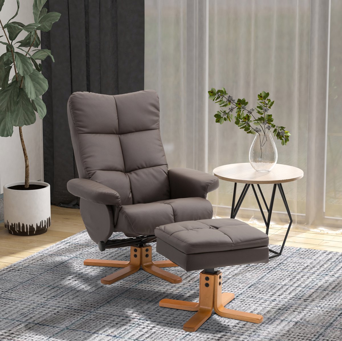 REDOM - Relaxfauteuil met hocker en opbergruimte - Verstelbare rugleuning tot 145° - 360° draaibaar - Ergonomisch - Woonkamer - Hout - Bruin - 80 x 86 x 99 cm