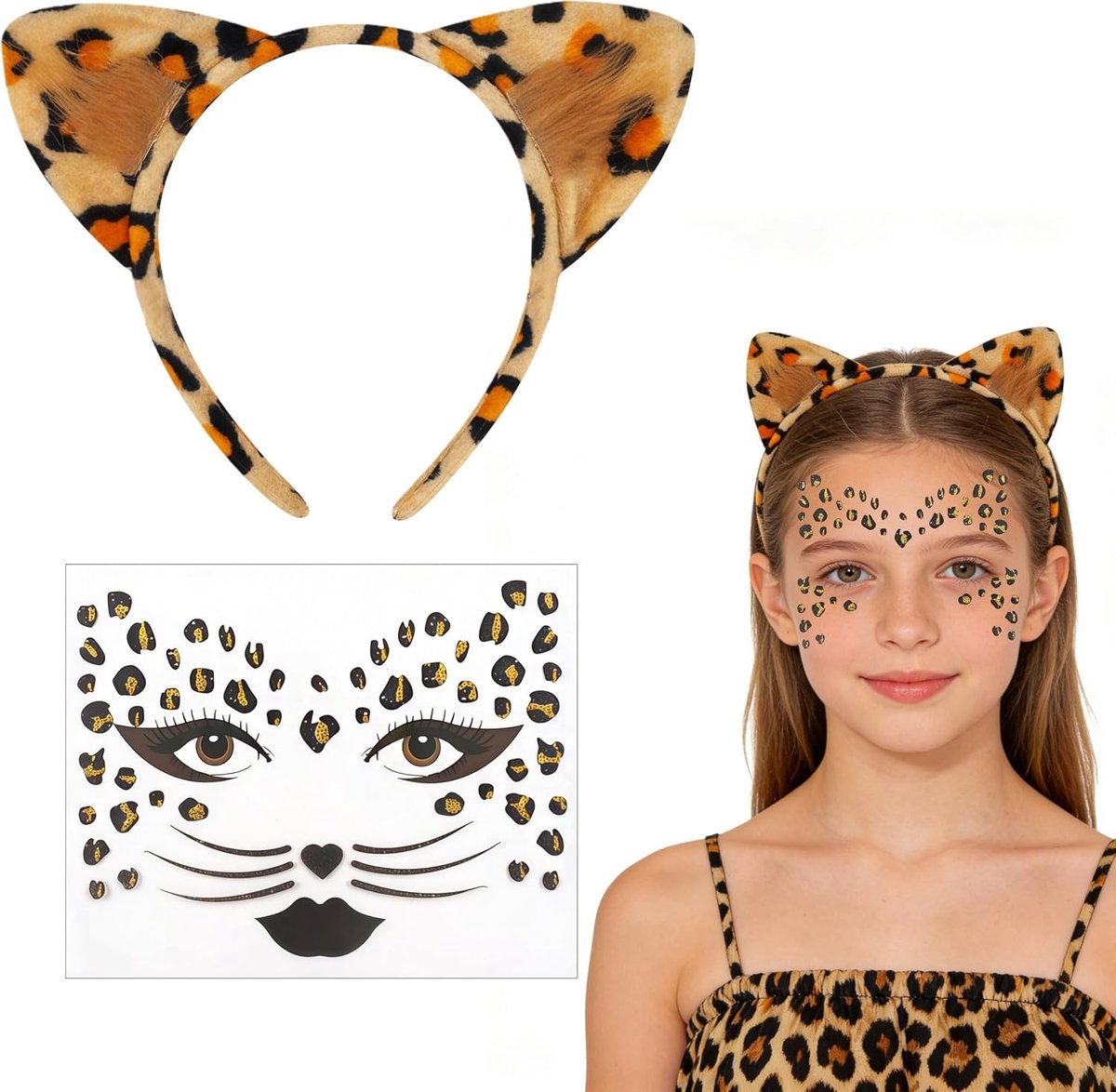 Leopard Kostuum Set voor Dames met Oren Haarband, Gezichts Tatoeage en Haarspeld voor Carnaval en Feestjes