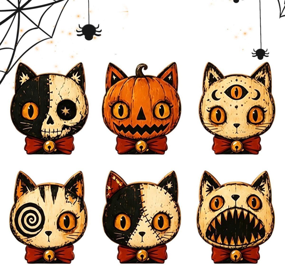 Elzusha - Houten Halloween Deurbord Set - 6-delige vintage gotische katten
