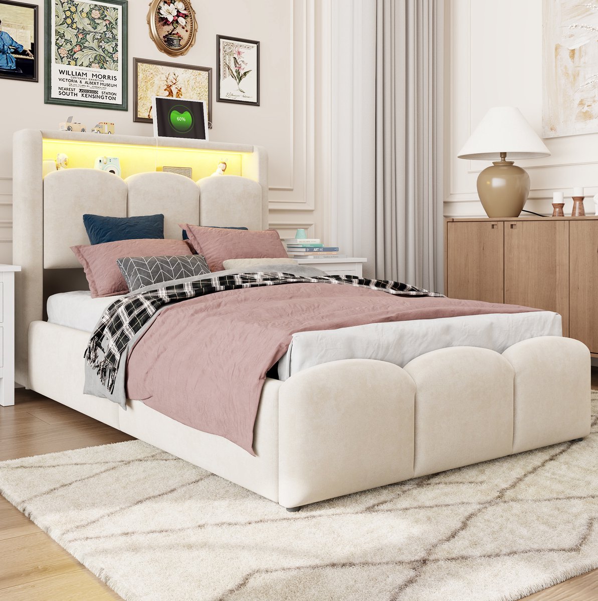 COVREO Bed 90x200 cm beige stof, met opbergruimte en LED-verlichting