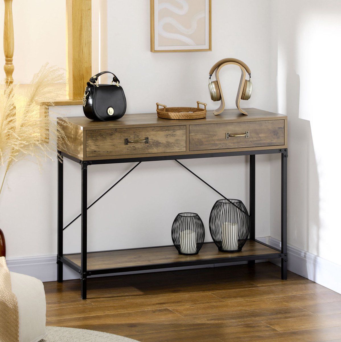 STILVORA Sidetable - Industrieel Design Met 2 Lades En Onderplank - Voor Hal En Woonkamer - Hout En Metaal - 100x35x76,5 Cm - Bruin