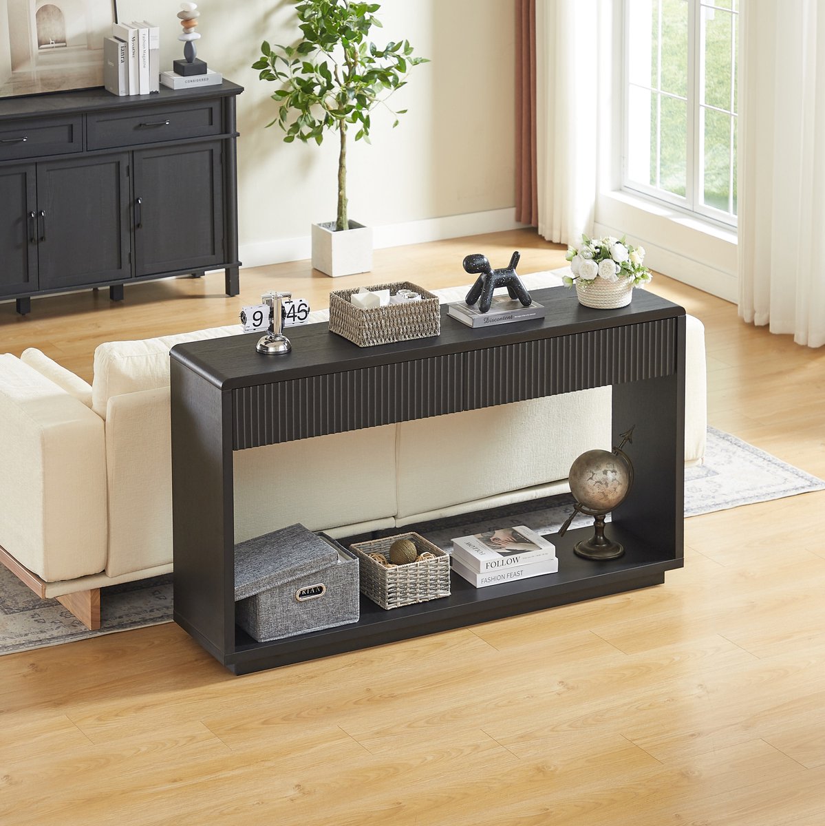 OKWISH Sidetable Moderne Console Tafel 150 Cm 2 Lades Open Vak Zwart Met Geribbelde Fronten Voor Hal En Woonkamer