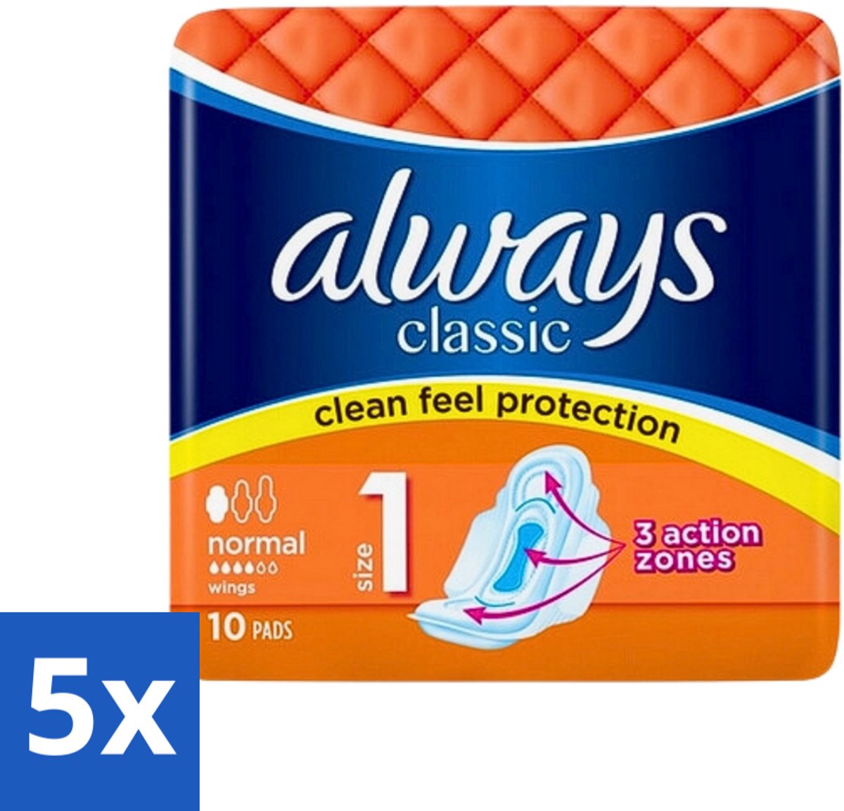 5 x Always Classic - Maandverband - Normaal met Vleugels - 10 Maandverbandjes - Maandverband - Menstruatie - Bescherming - Vleugels - Normale Menstruatie