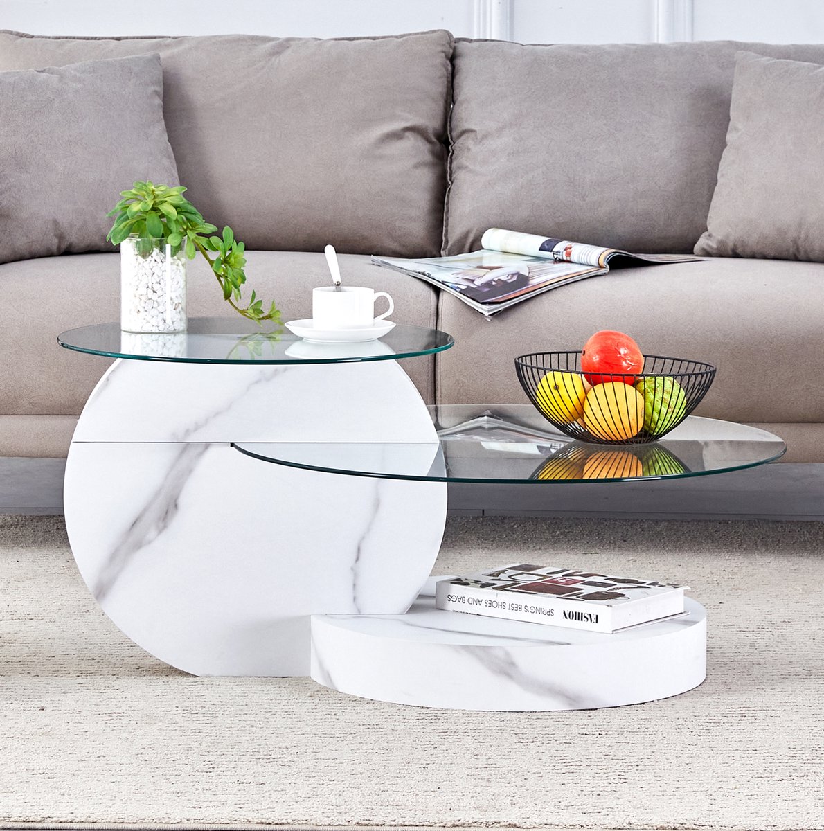 STILVORA Salontafel - Rond Design Met Veiligheidsglas En Marmerlook - Modern Voor Woonkamer - MDF En Glas - Wit - 90x70x44 Cm