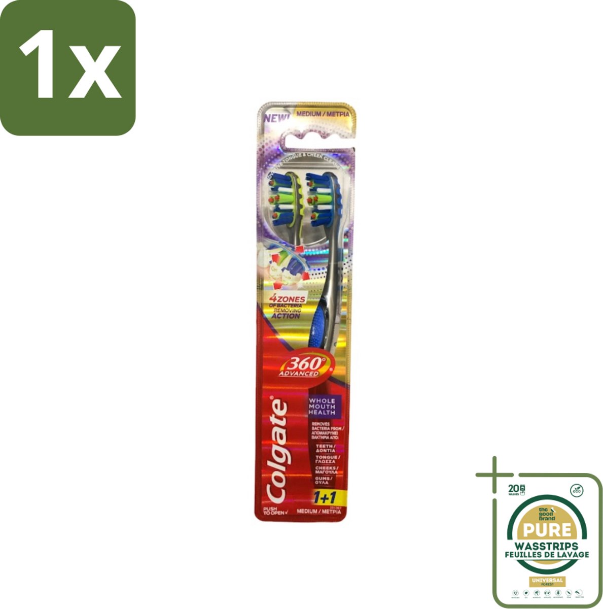 1 x Colgate - 360° Geavanceerd - Tandenborstel - Medium - 2 Tandenborstels- Tandenborstel - Mondhygiëne - Tandenborstel 360° - Bacteriën Verwijderen - Tanden Reinigen