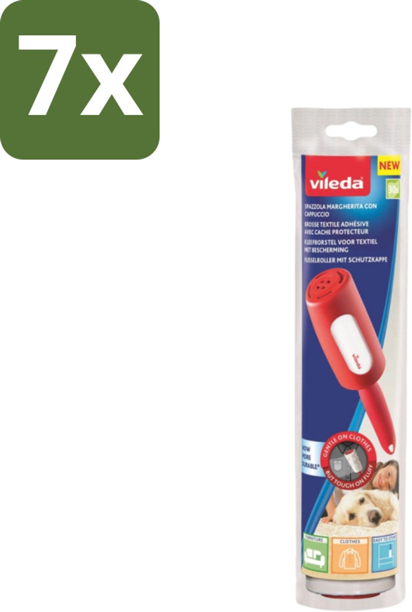 7 x Vileda - Lintroller - Pluisverwijderaar - Inclusief Beschermkap - 30 Vellen - Pluisverwijderaar - Pluisjes Verwijderen - Stofdeeltjes Verwijderen - Haren Verwijderen - Textiel Reinigen