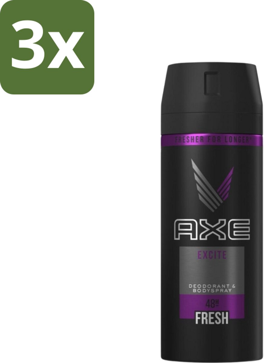 3 x Axe - Deodorant Bodyspray - 48hrs Fresh - Excite - 150 ml - 48 Uur Fris - Deodorant Spray - Kokosnoot Geur - Zwarte Peper Geur - Frisheid