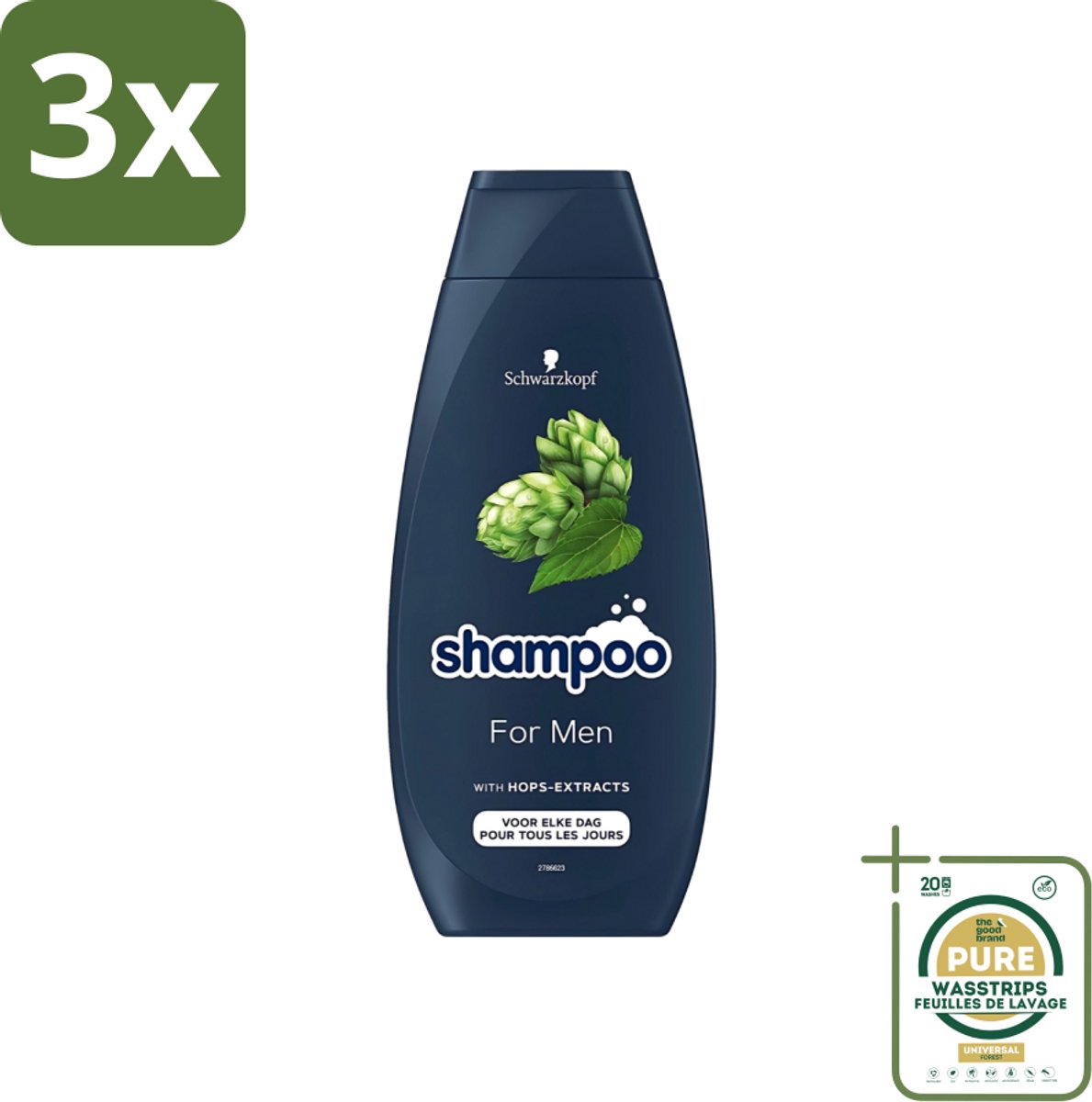 3 x Schwarzkopf - Shampoo - For Men - Met Hop Extract - Voor elke dag - 400 ml - Grootverpakking - Shampoo Voor Mannen - Hop Extract - Krachtig Haar - Natuurlijk Volume - Vegan Shampoo