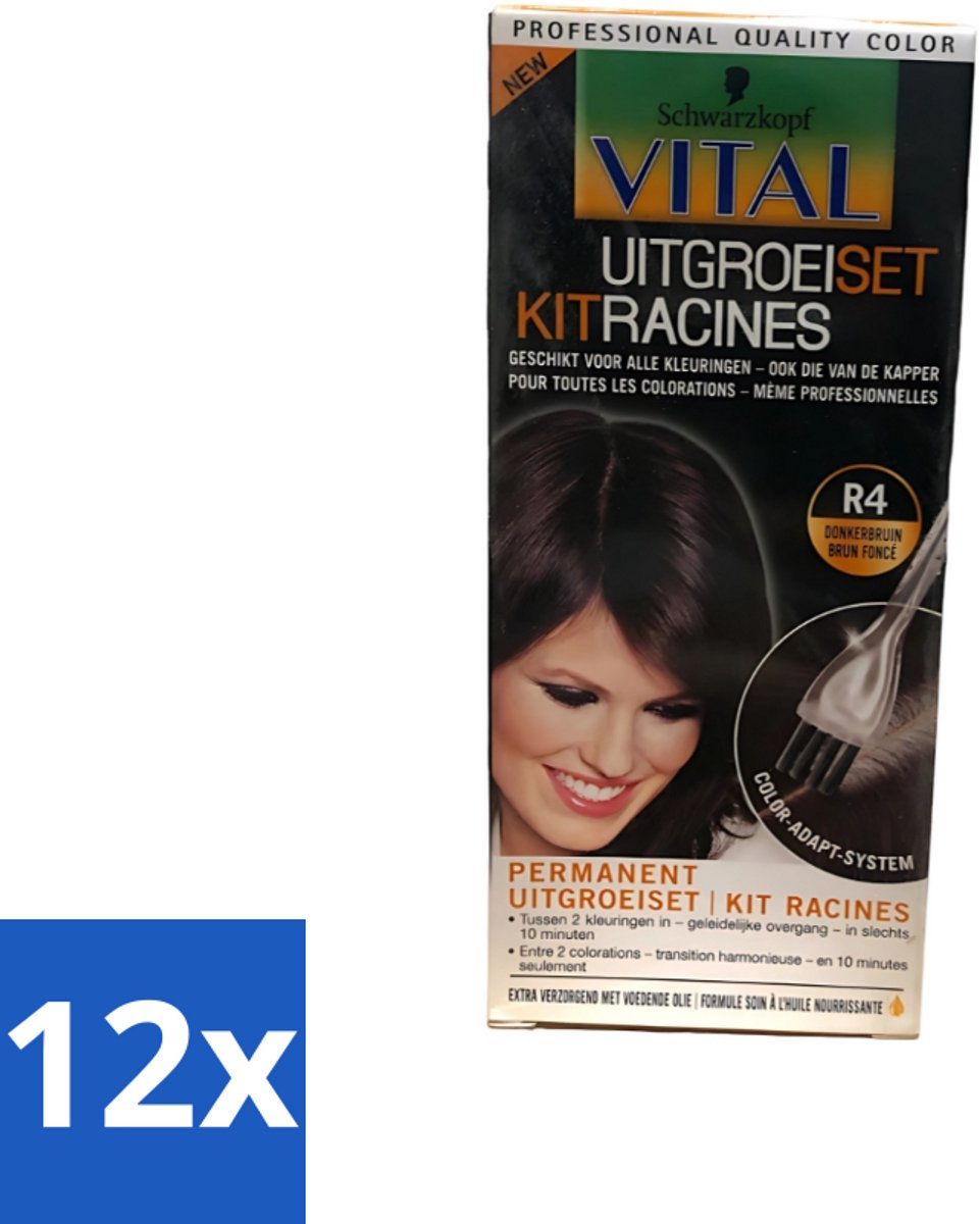 12 x Schwarzkopf Vital - Haarverf - Uitgroeiset - R4 Donkerbruin - 60 ml - Haarverf - Uitgroei - Donkerbruin Haar - Haarkleur Bijwerken - Haarverf Voor Uitgroei