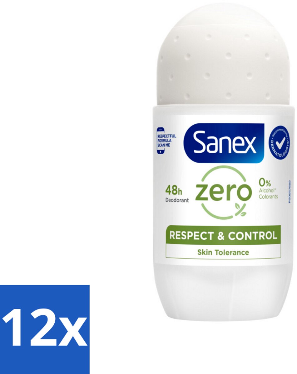 12 x Sanex Deodorant Roller Zero% Normal Skin 50 ml - 24 Uur Deodorant - Aluminiumvrije Deodorant - Alcoholvrije Deodorant - Deodorant Voor Gevoelige Huid - Sanex Deodorant