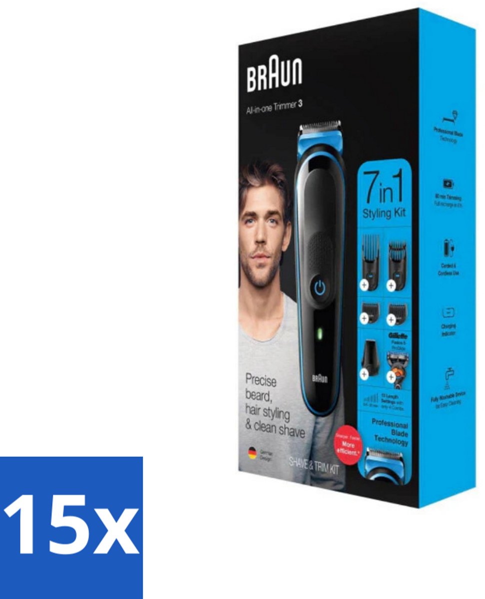 15 x Braun - Trimset - 7-in-1 - 1 Trim Apparaat - 6 Opzetstukken - Baard Trimmer - Gezichtshaar Trimmer - Neushaar Trimmer - Scheermes - Baard Onderhoud