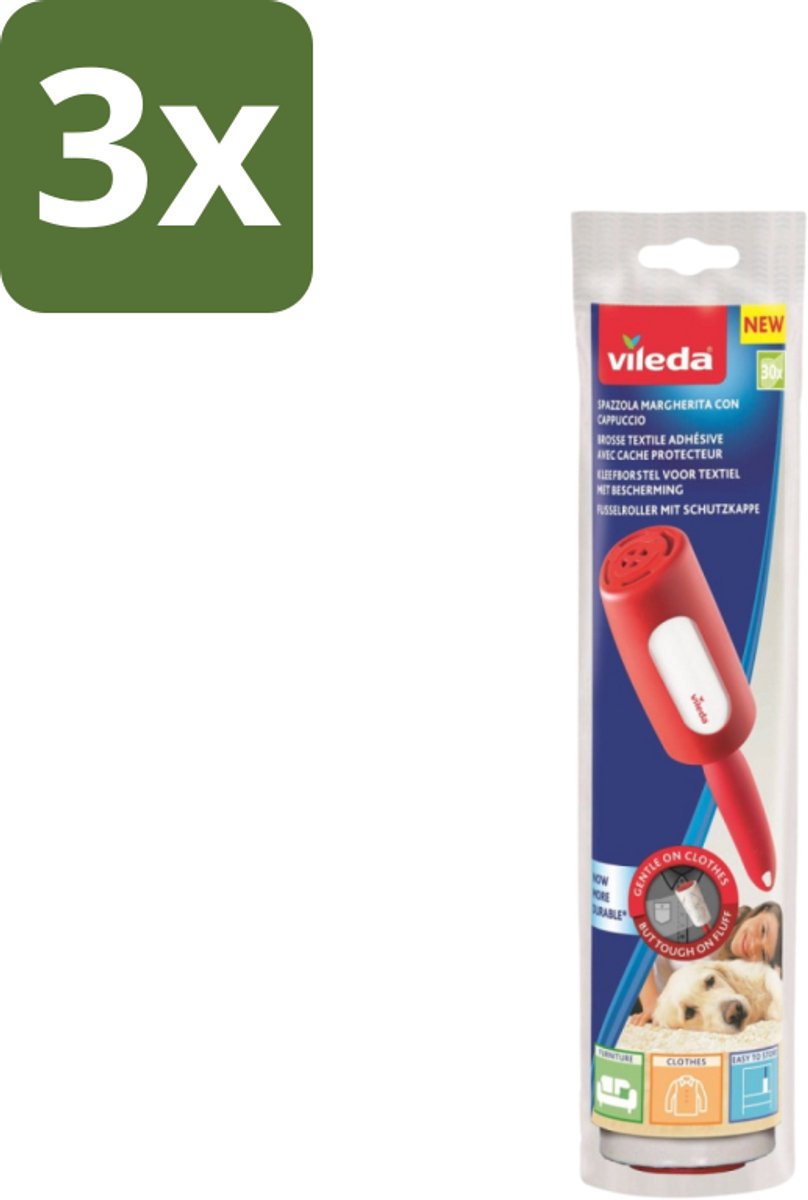 3 x Vileda - Lintroller - Pluisverwijderaar - Inclusief Beschermkap - 30 Vellen - Pluisverwijderaar - Pluisjes Verwijderen - Stofdeeltjes Verwijderen - Haren Verwijderen - Textiel Reinigen