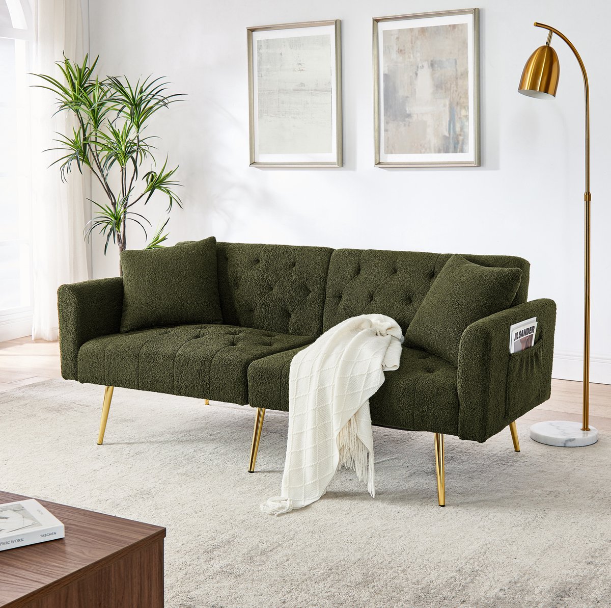 Wishdor Slaapbank - Teddy bouclé - 3-standen rugleuning - 2 kussens - Metalen poten - Donkergroen - 177 x 74 x 78 cm