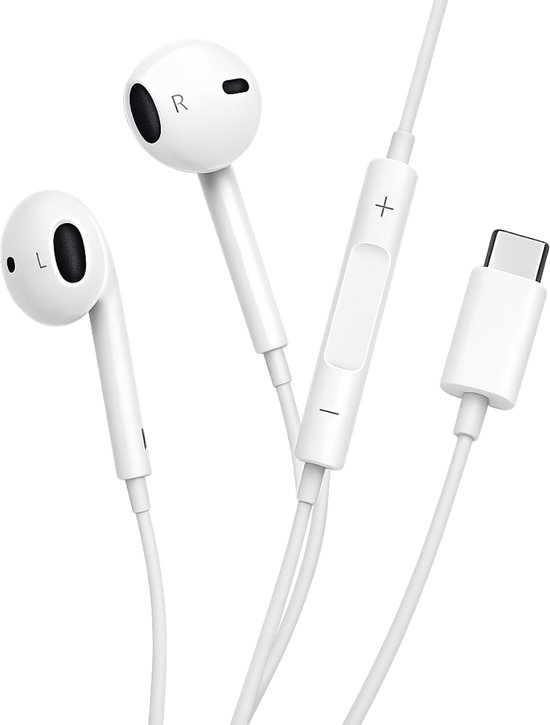 Close-up van witte USB-C oortjes met volumeregeling en microfoon.