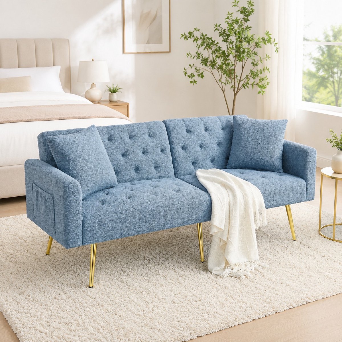 Wishdor 2-zitsbank - Teddy stof - Verstelbare rugleuning - Gecapitonneerd - Scandinavisch & Basic - Blauwe zitbank - 177 x 78 x 74 cm