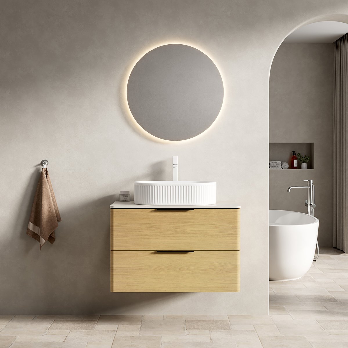 OKWISH Badkamerkast - Wandhangend Wastafelmeubel 75x46x62,2 cm - 2 Lades - Ovale Keramische Waskom - Sintersteen Beige