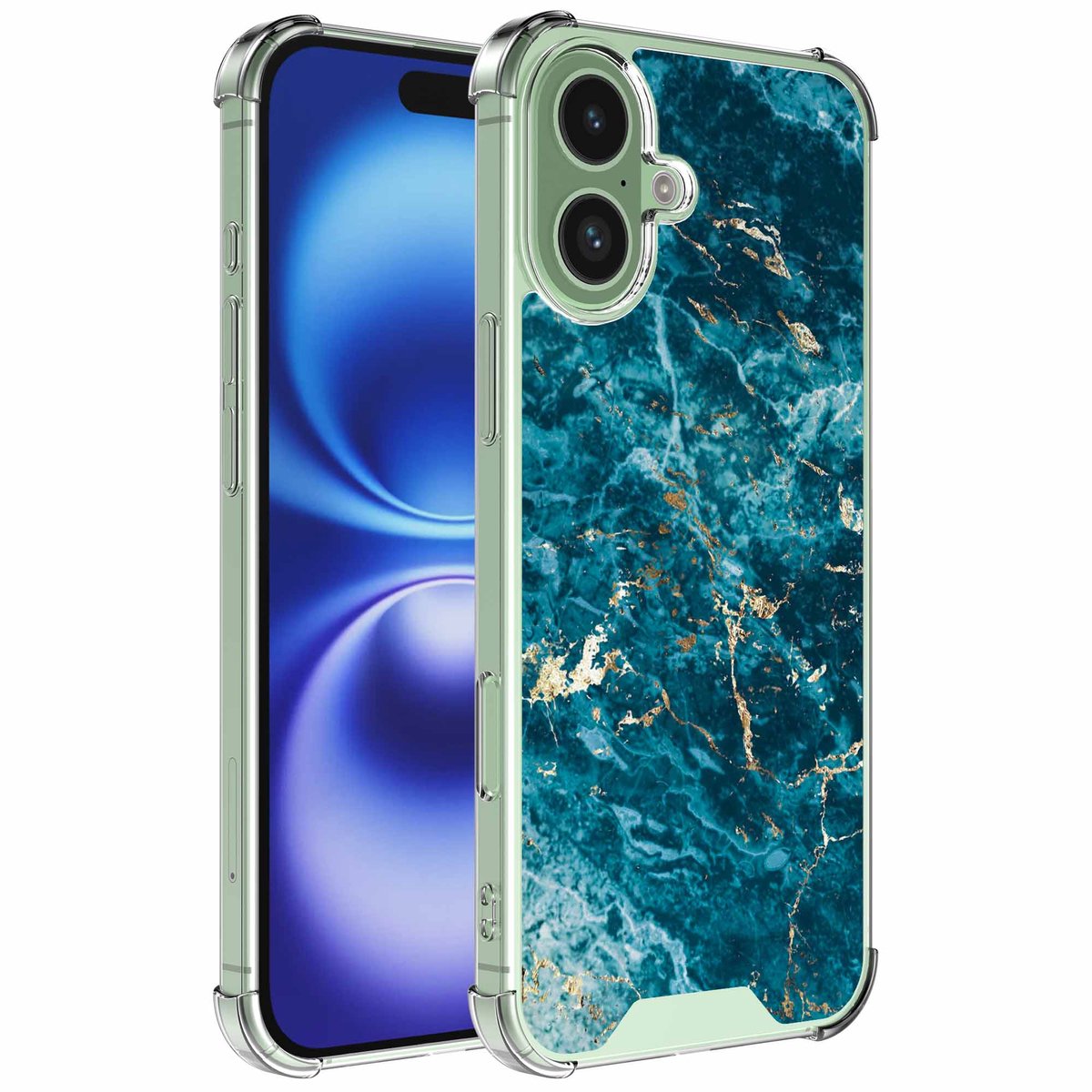 Smartphonica Geschikt voor iPhone 16 Telefoonhoesje met Blauw Goud Marmer opdruk - Draadloos op te laden - Shockproof Siliconen TPU Strong Case - Sterk Schokbestendig Telefoonhoesje geschikt voor iPhone 16