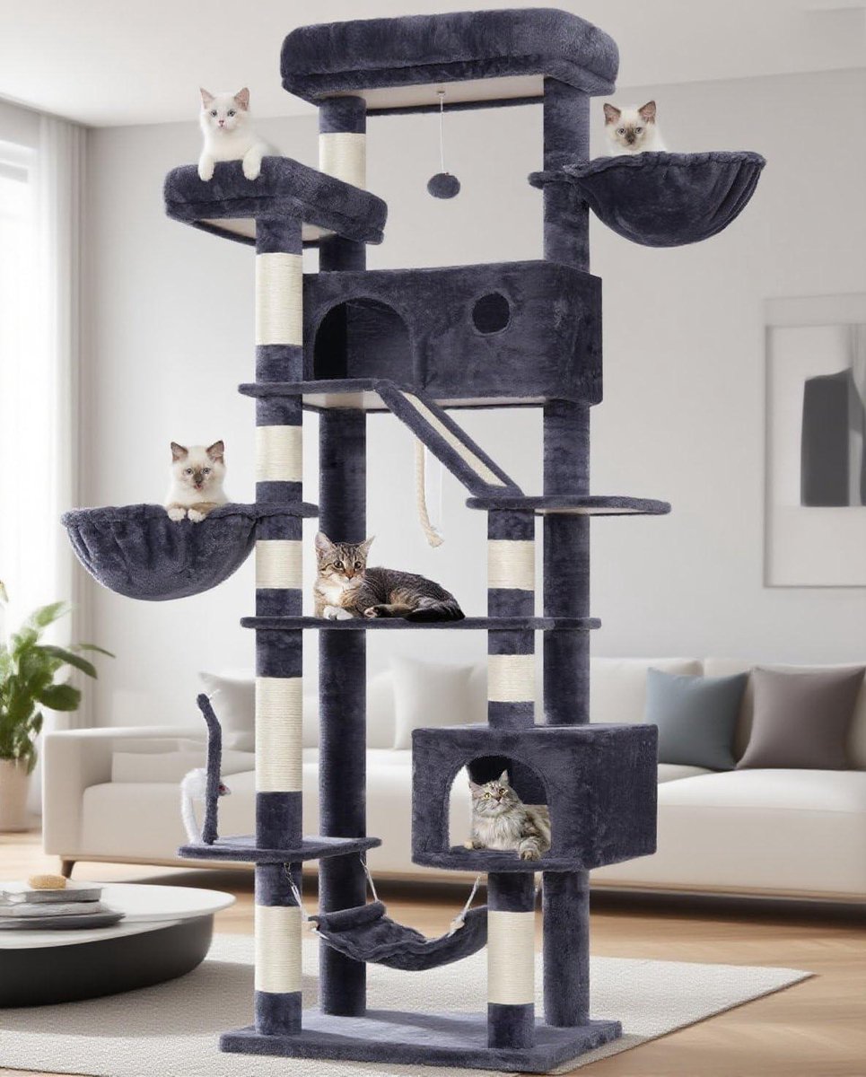 Grote krabpaal - Kattenklimmeubel - Spelen en rusten - Extra stabiel ontwerp - 200 cm hoog - Rookgrijs