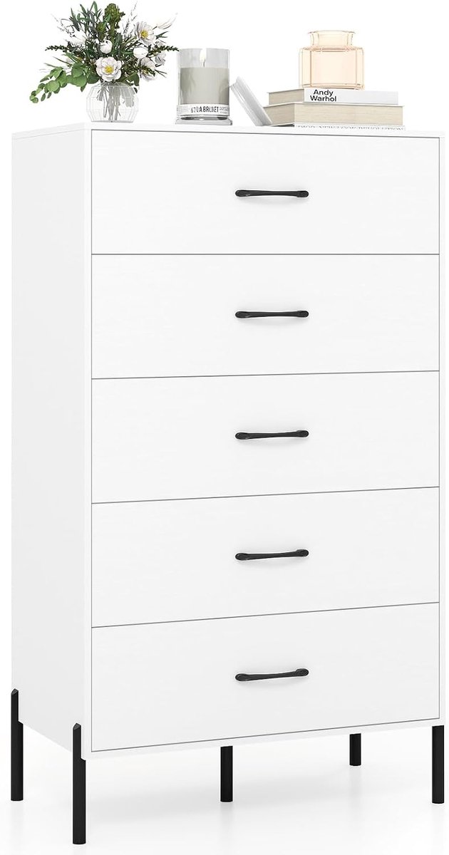 COSTWAY Commode met 5 laden, hoge ladekast met metalen poten en handgrepen, lade-rek met verhoogde poten, voor slaapkamer, woonkamer, hal