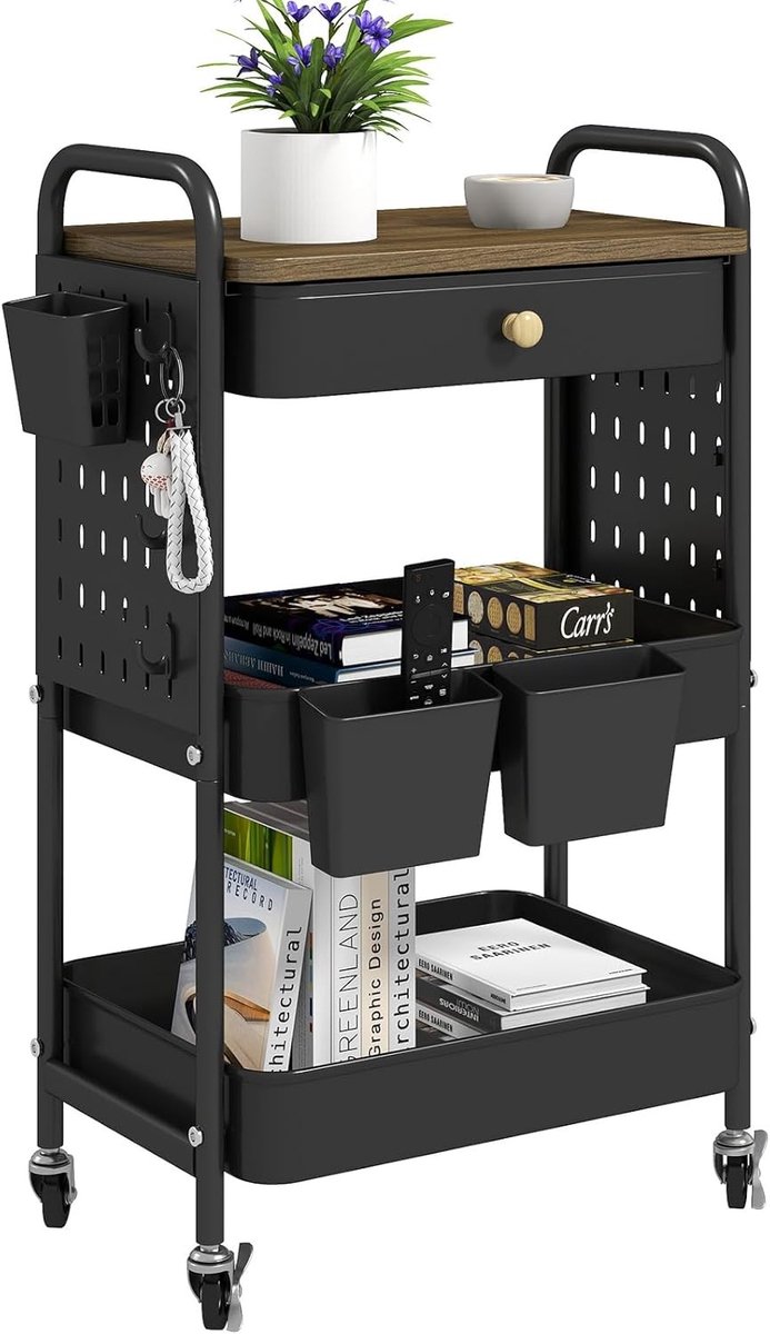 3-laagse metalen trolley met lades en pinplaten, multifunctionele serveertrolley voor keuken, woonkamer en badkamer met wielen en haken