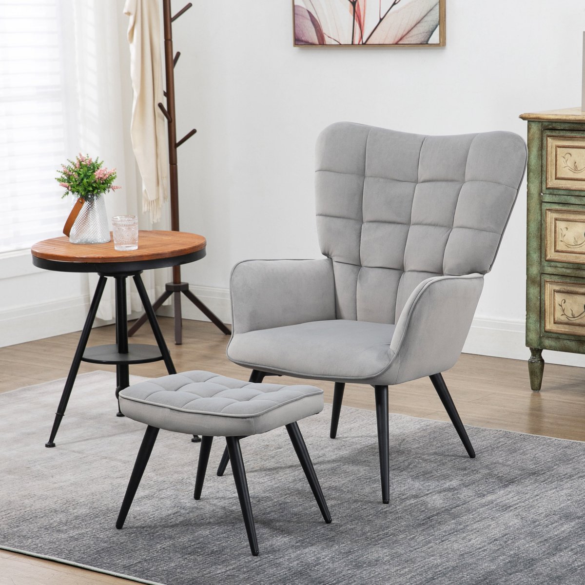 REDOM - Fauteuil met hocker - Hoge rugleuning en armleuningen - Gestoffeerd - Stalen poten - Scandinavische stijl - Woonkamer of kantoor - Velvet - Lichtgrijs - 73 x 77,5 x 98 cm
