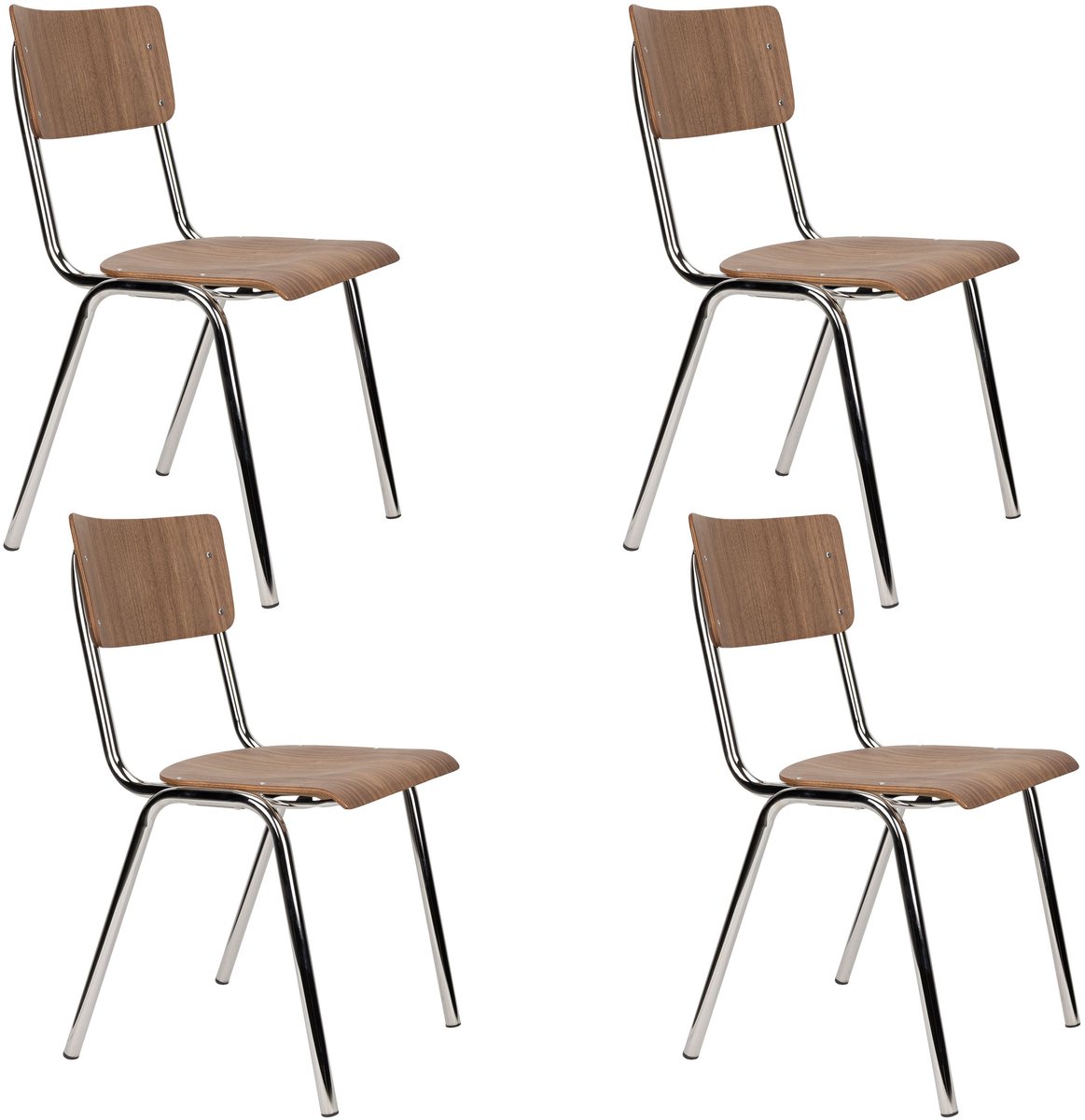 Zuiver Back to School Eetkamerstoelen Walnoot/Chroom - Set van 4