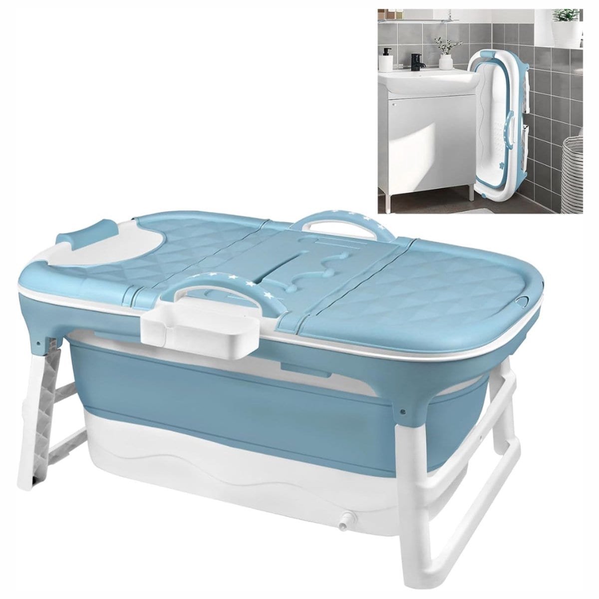 Klarven® Zitbad Blauw - Zitbad voor Volwassenen - Zitbad voor in Douche - Opvouwbaar - Verstelbare Poten, Inclusief Deksel - Ovaal b60xd118xh52cm