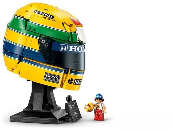 Gele LEGO helm met blauwe, groene en rode strepen, "HONDA", "NACIONAL" en "BOSS" logo's. Met minifiguur en displaystandaard.